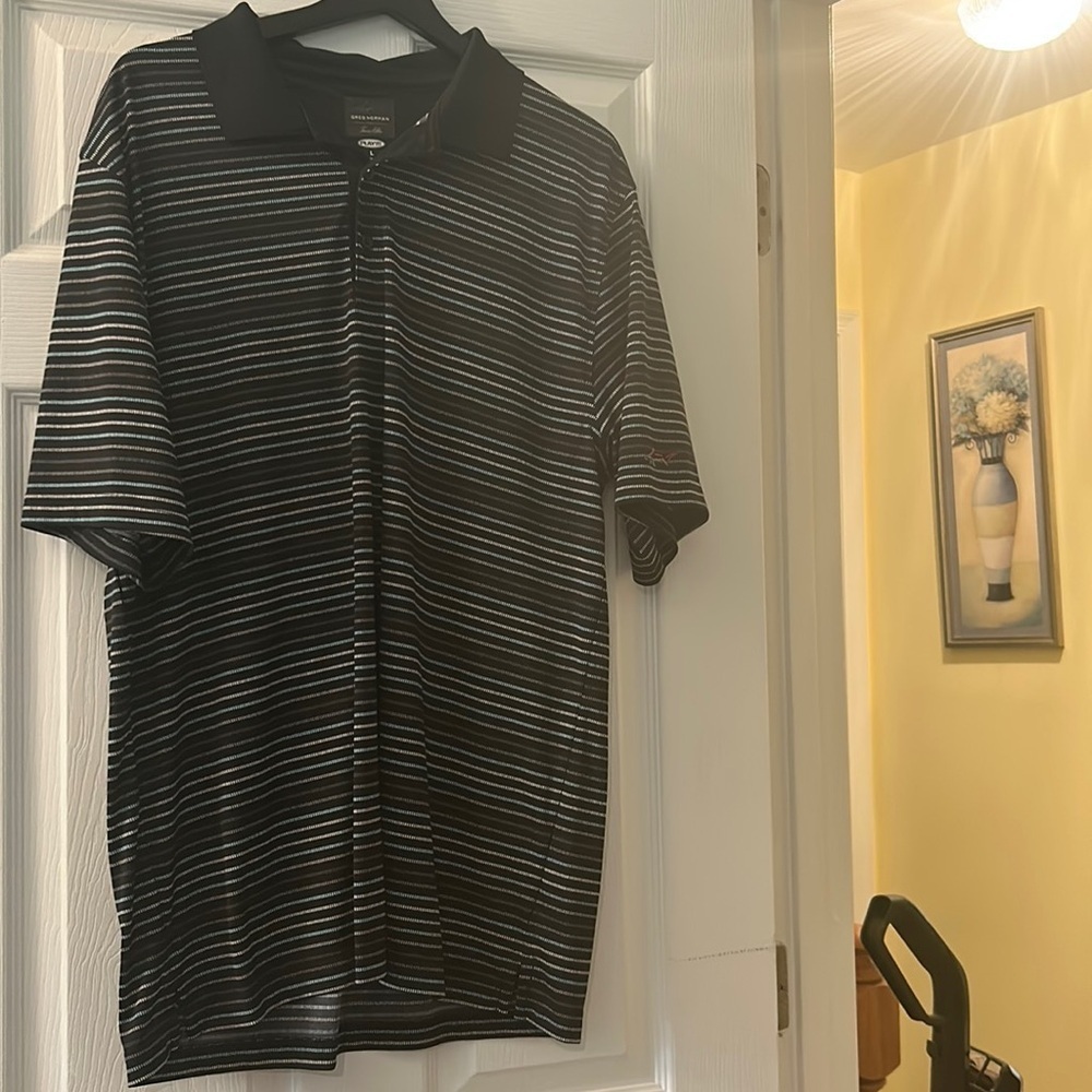 Greg Norman Men's Golf Polo Shirt, Large, Black Striped Play-Dry EUC
